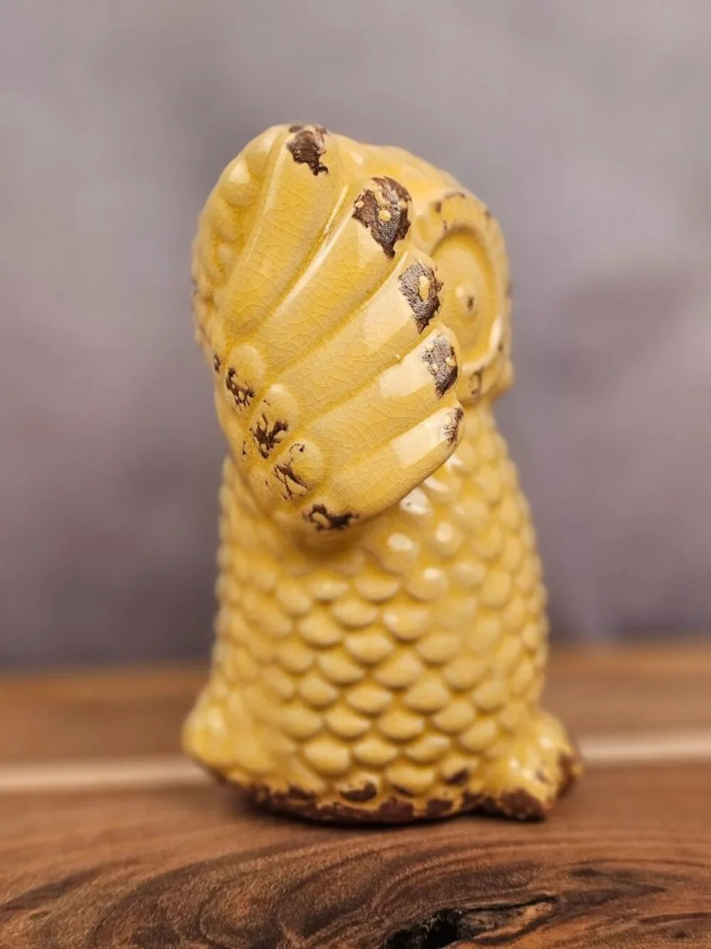 Vintage Yellow Ceramic Owl Figurine 6 In Tall Textured Glazed Decor